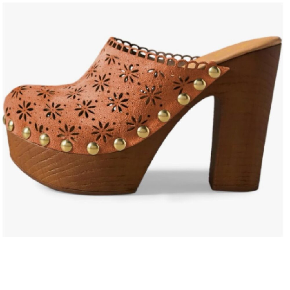 FOWT Coral Studded Round Toe Floral Cut Out Platform Mules Chunky Heel Sandals